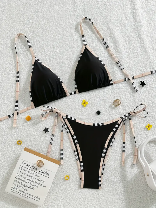 Set Bikini Dy Pjesesh per Femra – Ngjyre e Zeze me Detaje Bezhe dhe Shirita Bardhe e Zi