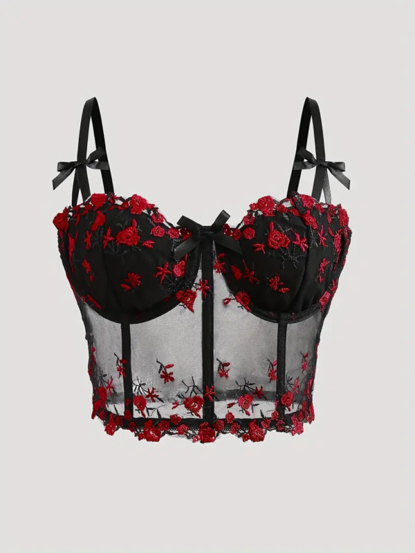 Kropë Sexy e Zezë – Backless, Low-Cut, Fishbone Mesh me Dantellë dhe Lule
