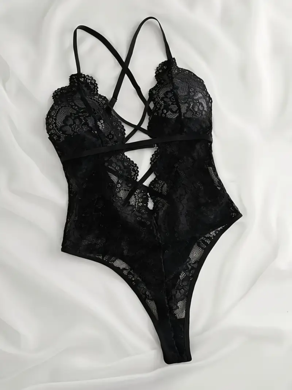 Bodysuit Sexy Femrash – E Zezë, Dantellë Elegante, Open Crotch, Strapa të Rregullueshme