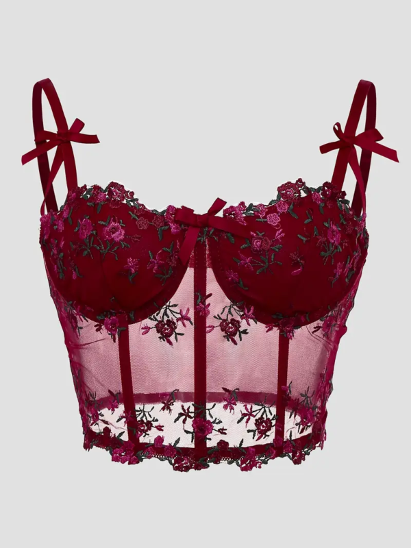 Kropë Sexy e Kuqe – Backless, Low-Cut, Fishbone Mesh me Dantellë dhe Lule